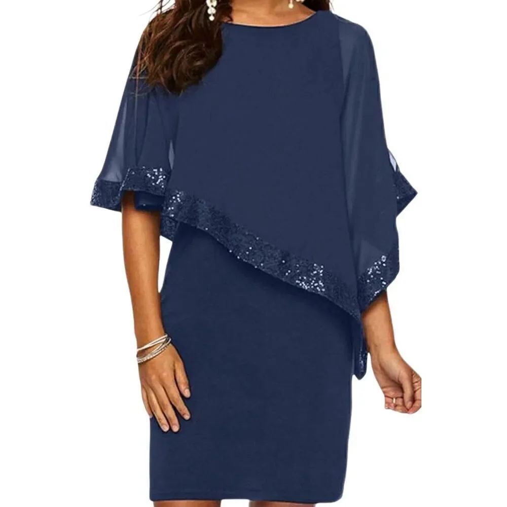 XScape Formal Capelet Dress Women's 6 Navy Blue Sequin Sheath Poncho